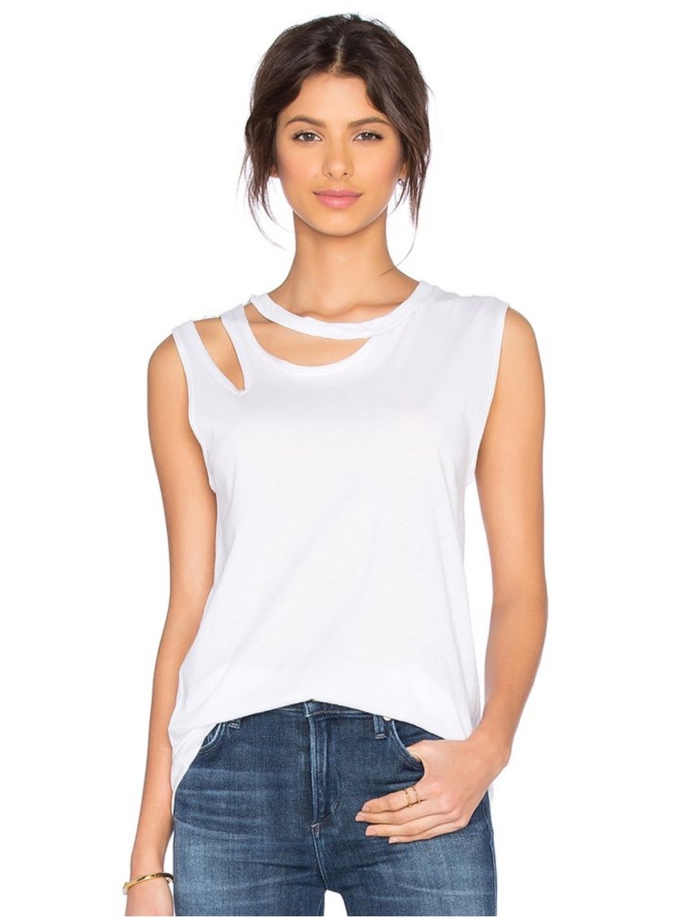 LNA Double Cut Tank Sleeveless White Tee Shirt Style Top with Neck Slits Sz Med